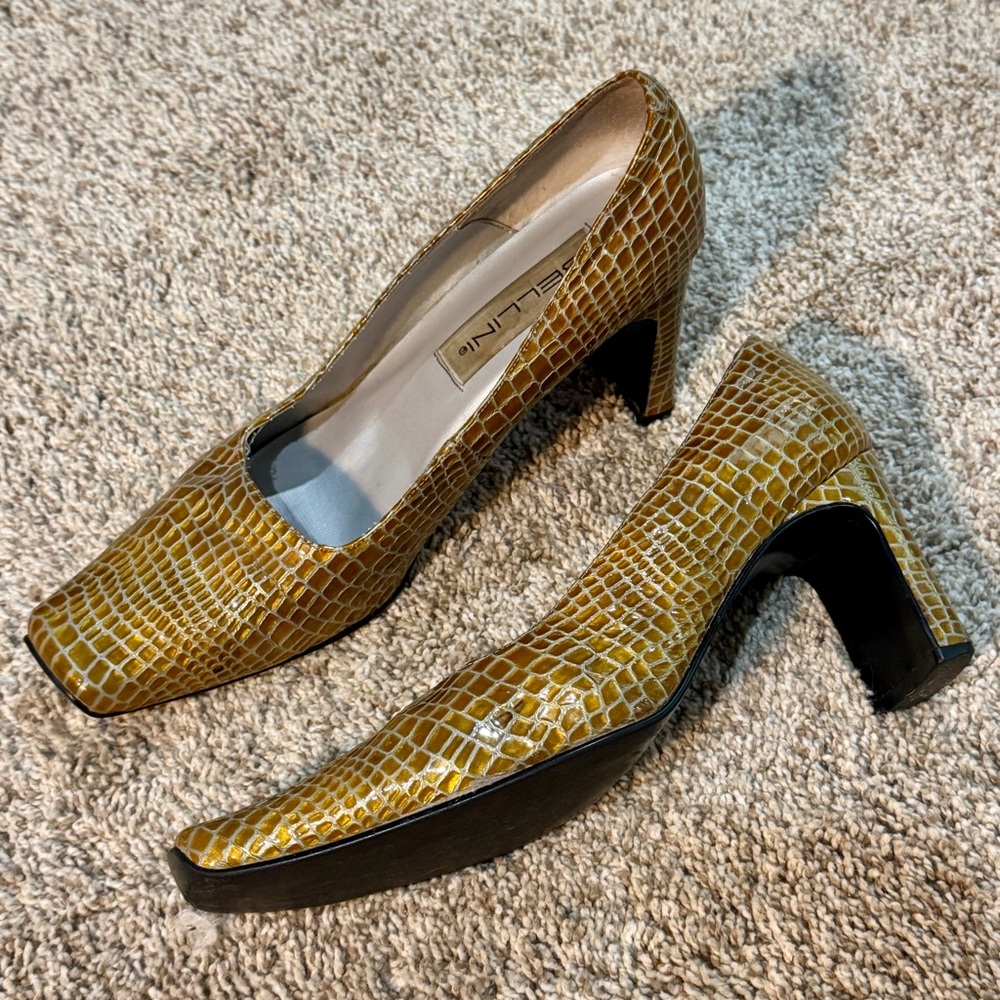 Vintage Bellini Gold Leather Croc-Embossed Block Heel Pumps with Square Toes